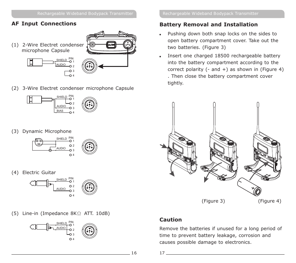 頁面 11, Af input connections, Battery removal and installation | Caution | MIPRO ACT-70TC Rechargeable Wideband Bodypack Transmitter User Manual | Page 11 / 13