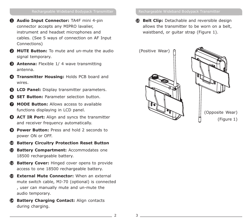 頁面 4 | MIPRO ACT-70TC Rechargeable Wideband Bodypack Transmitter User Manual | Page 4 / 13