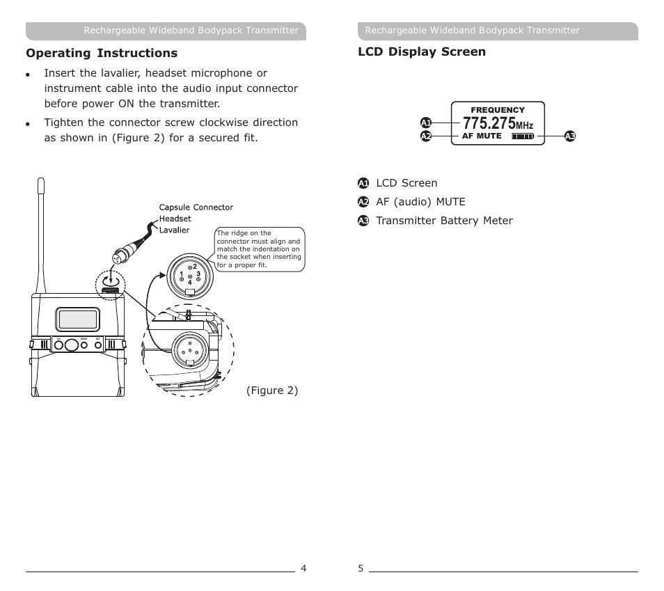 頁面 5, Operating instructions, Lcd display screen | MIPRO ACT-70TC Rechargeable Wideband Bodypack Transmitter User Manual | Page 5 / 13