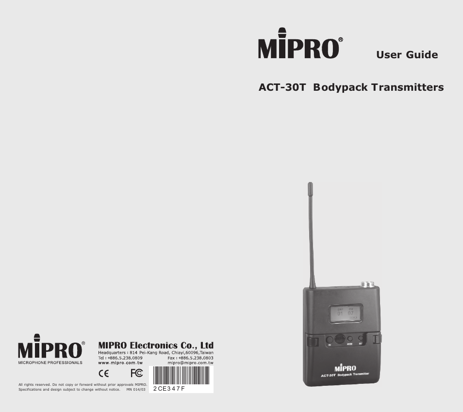 MIPRO ACT-30T Bodypack Transmitter User Manual | 11 pages