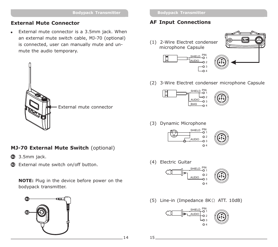 頁面 10, Af input connections, External mute connector | 14 15 bodypack transmitter bodypack transmitter | MIPRO ACT-30T Bodypack Transmitter User Manual | Page 10 / 11
