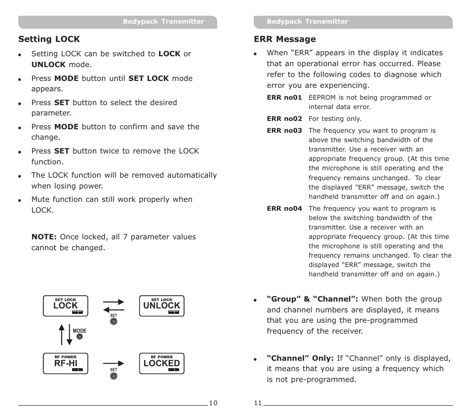 頁面 8, Lock, Unlock | Locked, Rf-hi | MIPRO ACT-30T Bodypack Transmitter User Manual | Page 8 / 11