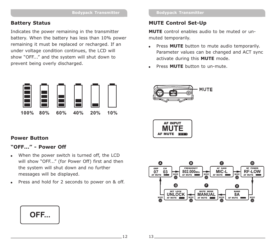 頁面 9, Mute, Mute control set-up | Battery status, Power button “off...” - power off | MIPRO ACT-30T Bodypack Transmitter User Manual | Page 9 / 11