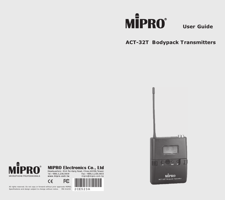 MIPRO ACT-32T Bodypack Transmitter User Manual | 11 pages