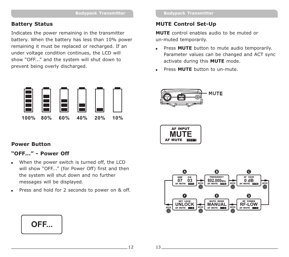 頁面 9, Mute, Mute control set-up | Battery status, Power button “off...” - power off | MIPRO ACT-32T Bodypack Transmitter User Manual | Page 9 / 11