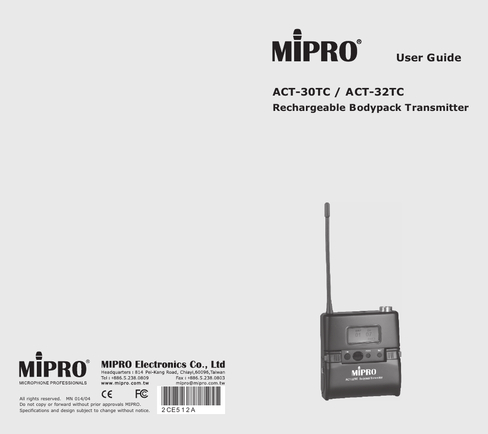 MIPRO ACT-32TC Rechargeable Bodypack Transmitter User Manual | 11 pages