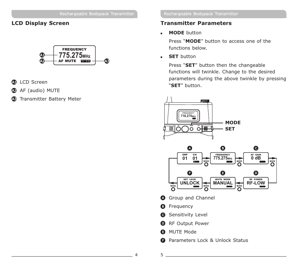 頁面 4, Lcd display screen, Transmitter parameters | MIPRO ACT-32TC Rechargeable Bodypack Transmitter User Manual | Page 4 / 11