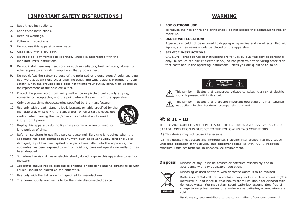 頁面 2, Important safety instructions ! warning, Ic - id | MIPRO ACT-51 Single-Channel Diversity Receiver User Manual | Page 2 / 11