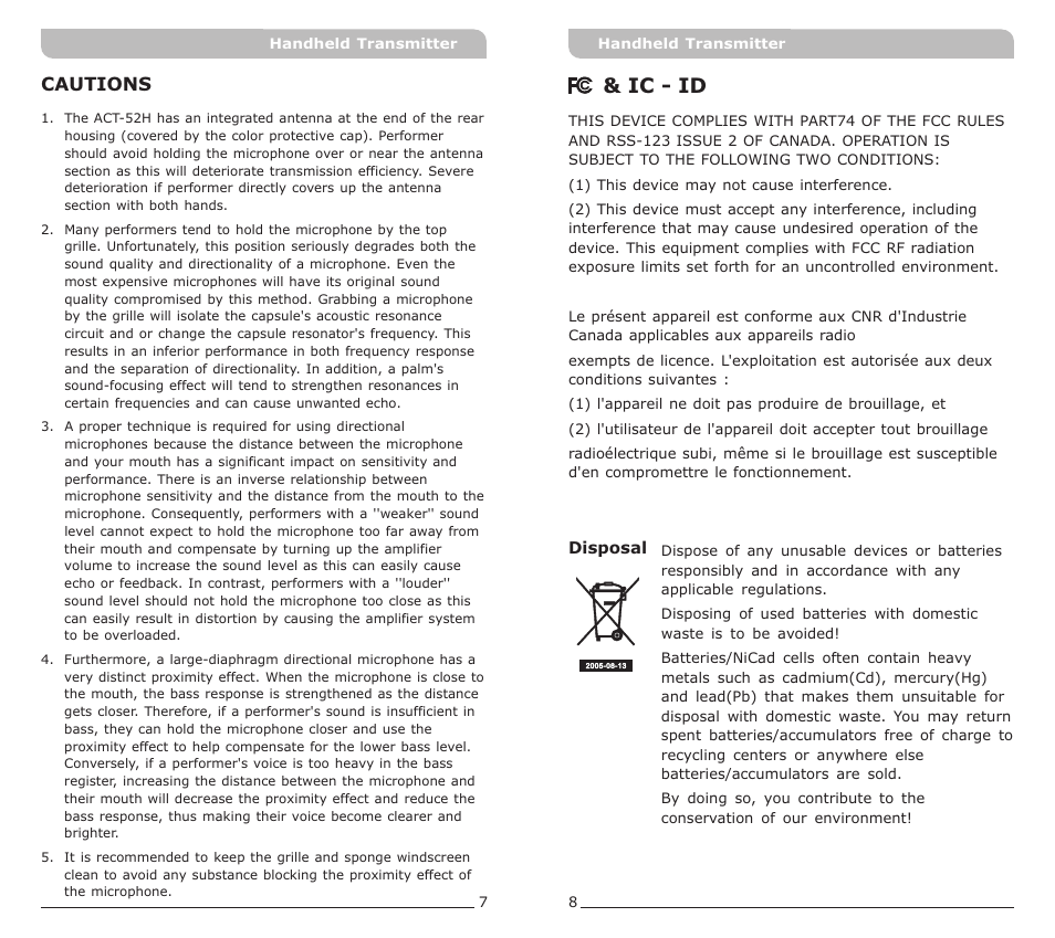 頁面 5, Ic - id, Cautions | MIPRO ACT-50H Handheld Transmitter User Manual | Page 5 / 5