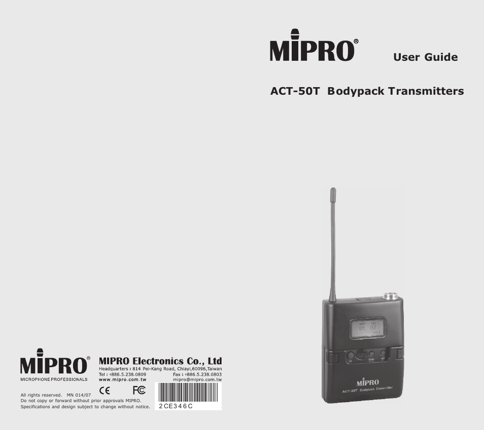 MIPRO ACT-50T Bodypack Transmitter User Manual | 11 pages