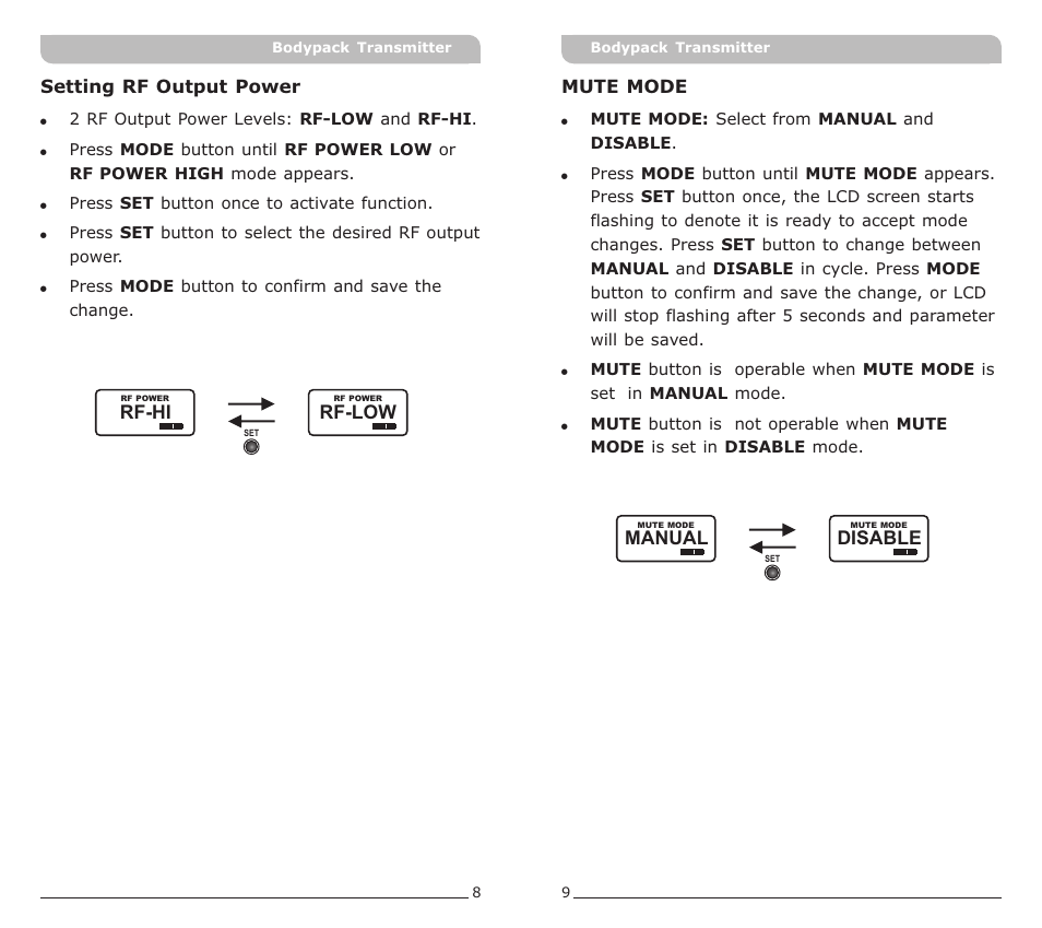 頁面 6, Disable, Manual | Rf-low, Rf-hi | MIPRO ACT-50T Bodypack Transmitter User Manual | Page 6 / 11