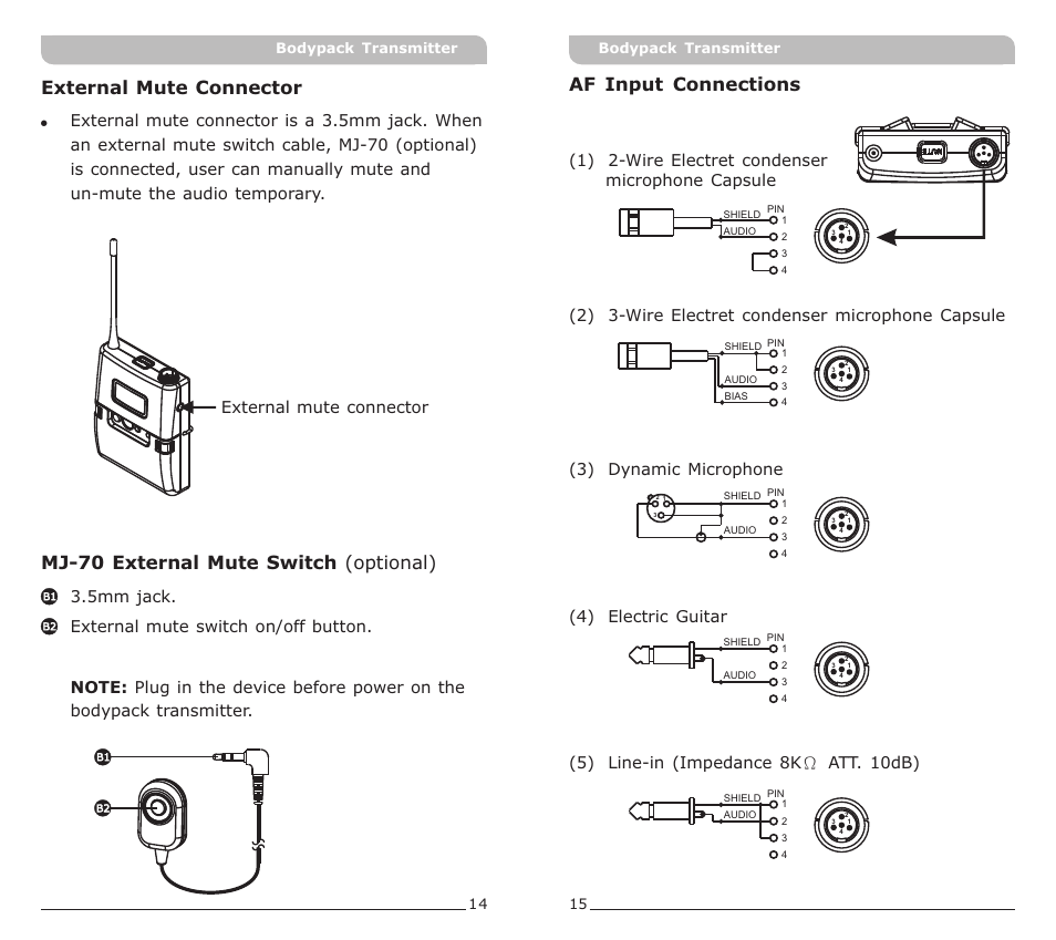 頁面 9, Af input connections, External mute connector | 14 15 bodypack transmitter bodypack transmitter | MIPRO ACT-50T Bodypack Transmitter User Manual | Page 9 / 11