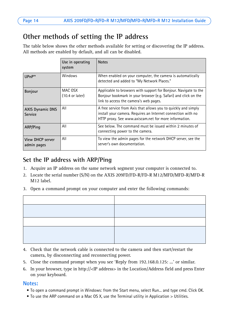 Other methods of setting the ip address, Set the ip address with arp/ping | Axis Communications 209 MFD-R M12 User Manual | Page 14 / 73