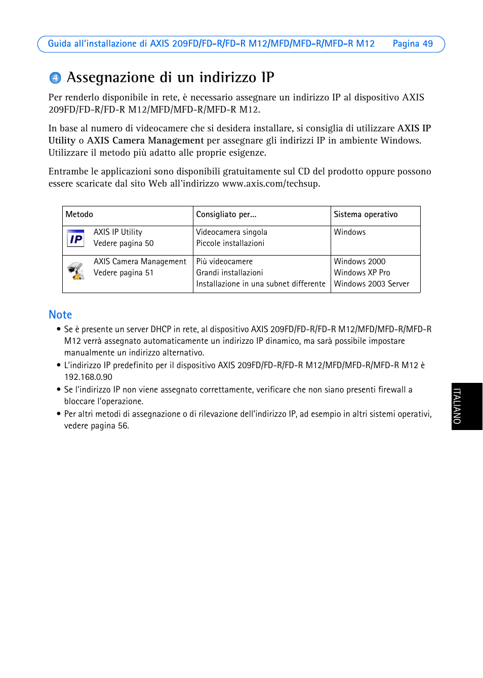 Assegnazione di un indirizzo ip | Axis Communications 209 MFD-R M12 User Manual | Page 49 / 73