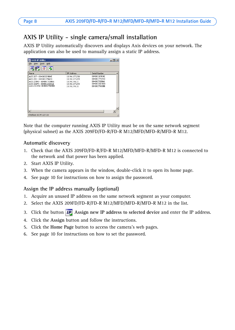 Axis ip utility - single camera/small installation | Axis Communications 209 MFD-R M12 User Manual | Page 8 / 73