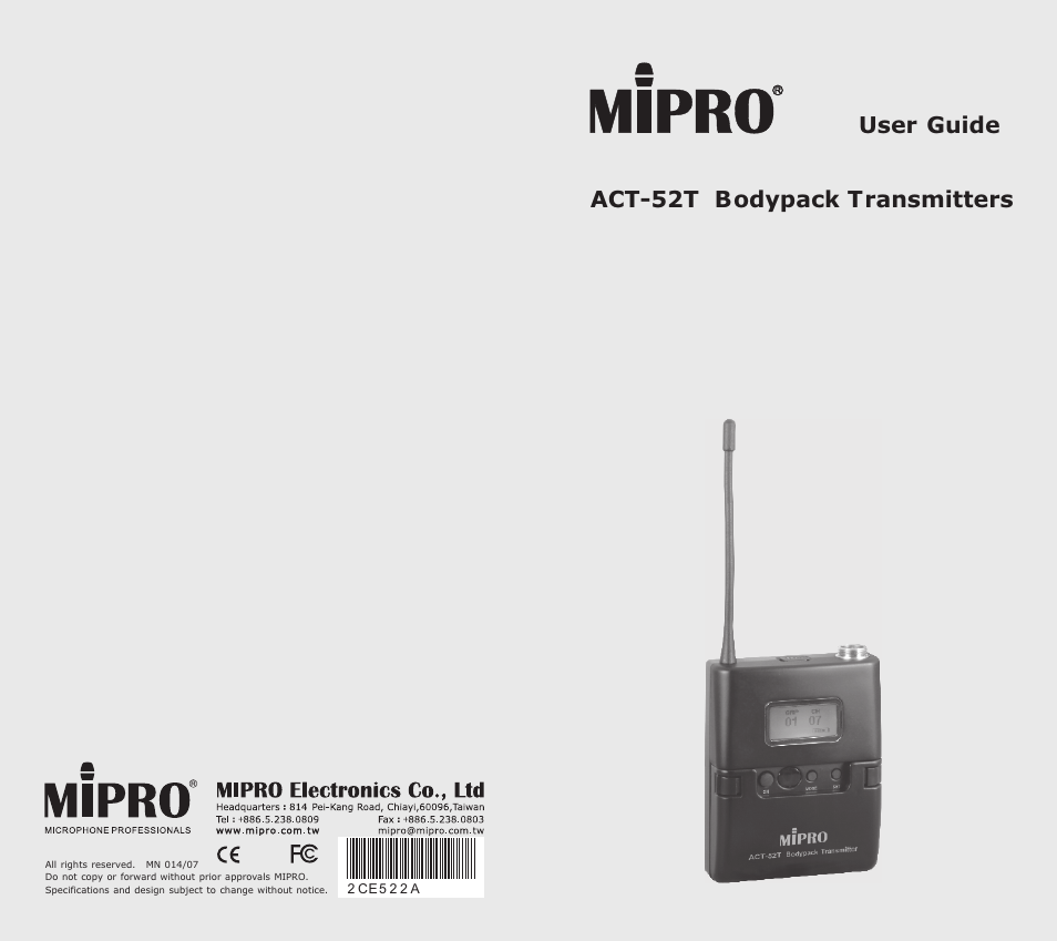 MIPRO ACT-52T Bodypack Transmitter User Manual | 11 pages