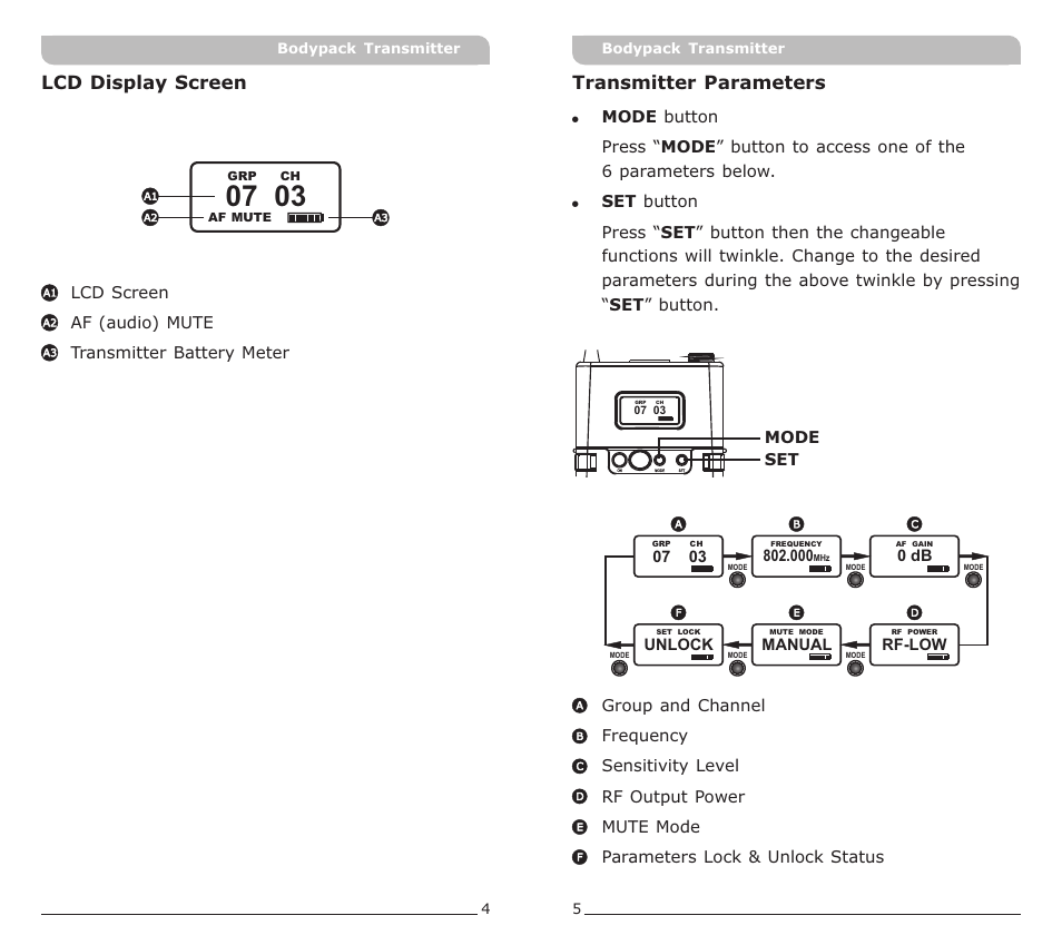 頁面 4, Lcd display screen transmitter parameters | MIPRO ACT-52T Bodypack Transmitter User Manual | Page 4 / 11