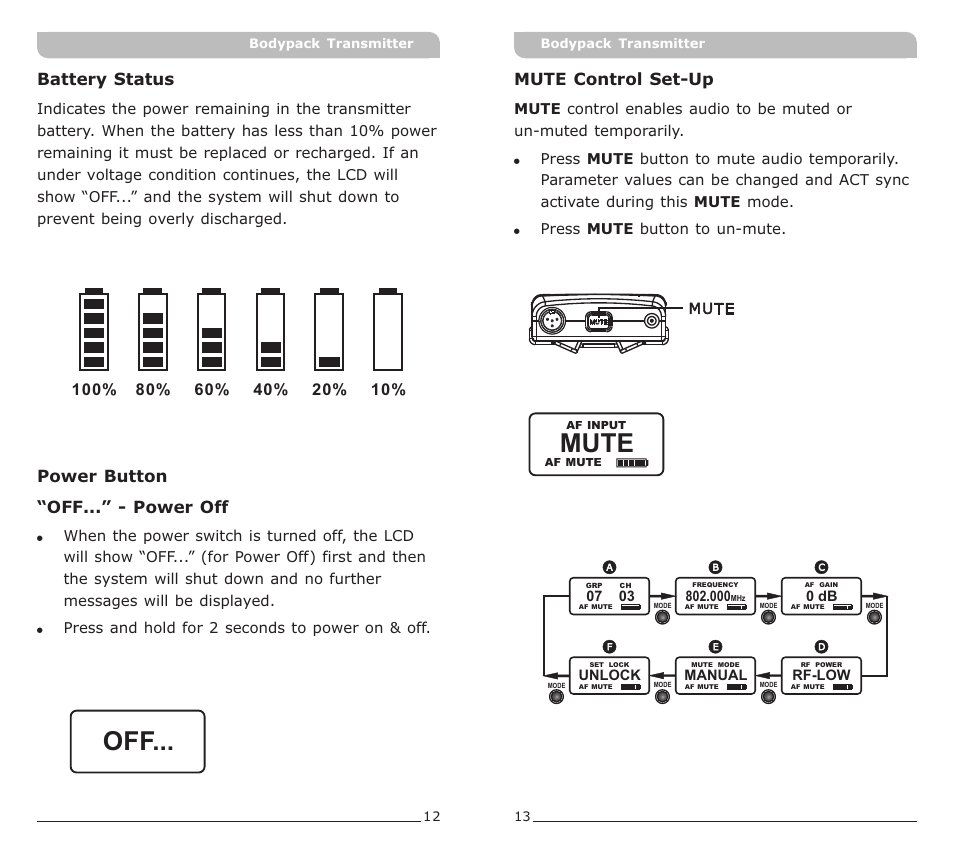 頁面 8, Mute, Mute control set-up | Battery status, Power button “off...” - power off | MIPRO ACT-52T Bodypack Transmitter User Manual | Page 8 / 11