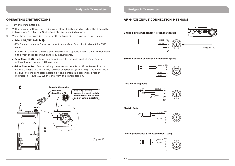 頁面 10, Af 4-pin input connection methods, Operating instructions | Bodypack transmitter | MIPRO MR-823 Dual-Channel Diversity Receiver User Manual | Page 10 / 11