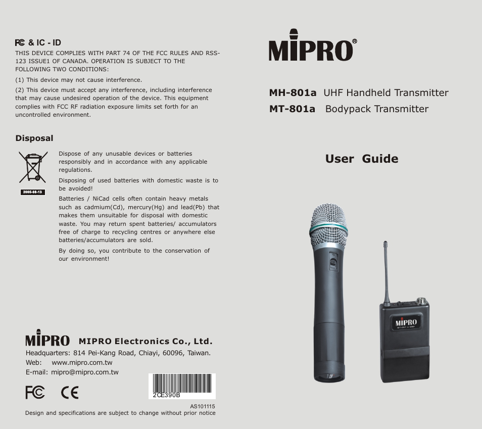 MIPRO MT-801a Bodypack Transmitter User Manual | 7 pages