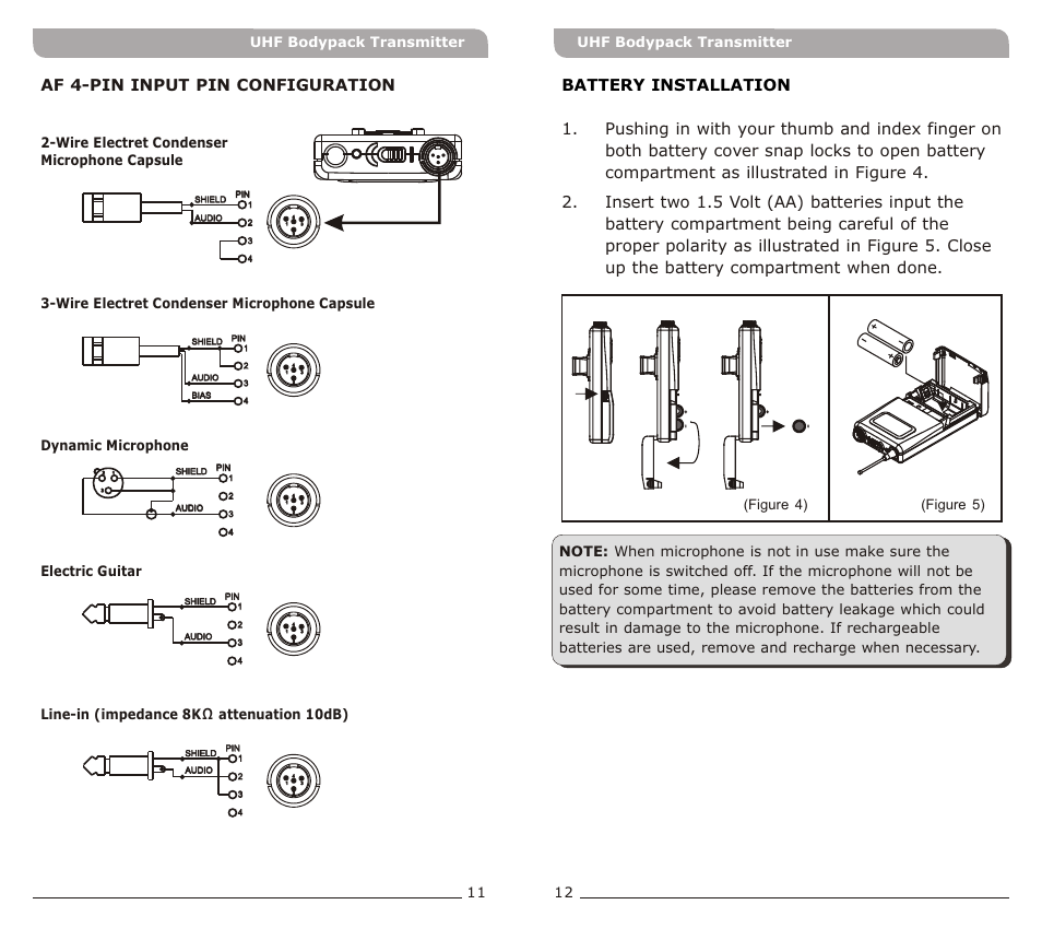 頁面 7, Battery installation, Af 4-pin input pin configuration | MIPRO MT-801a Bodypack Transmitter User Manual | Page 7 / 7