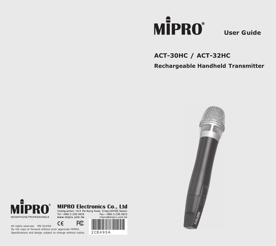 MIPRO ACT-30HC Rechargeable Handheld Transmitter User Manual | 7 pages