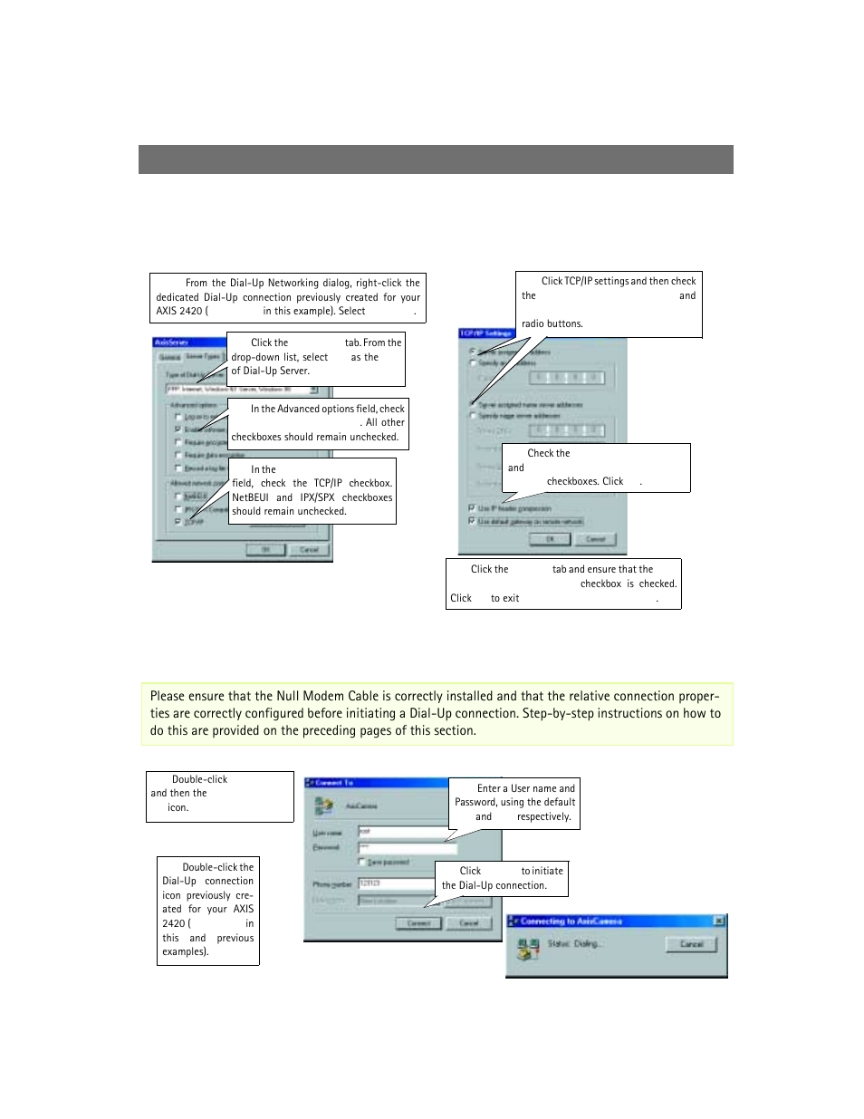 Refining the dial-up networking properties, Initiating the dial-up connection, Installing via a modem | Axis Communications AXIS 2420 User Manual | Page 16 / 103