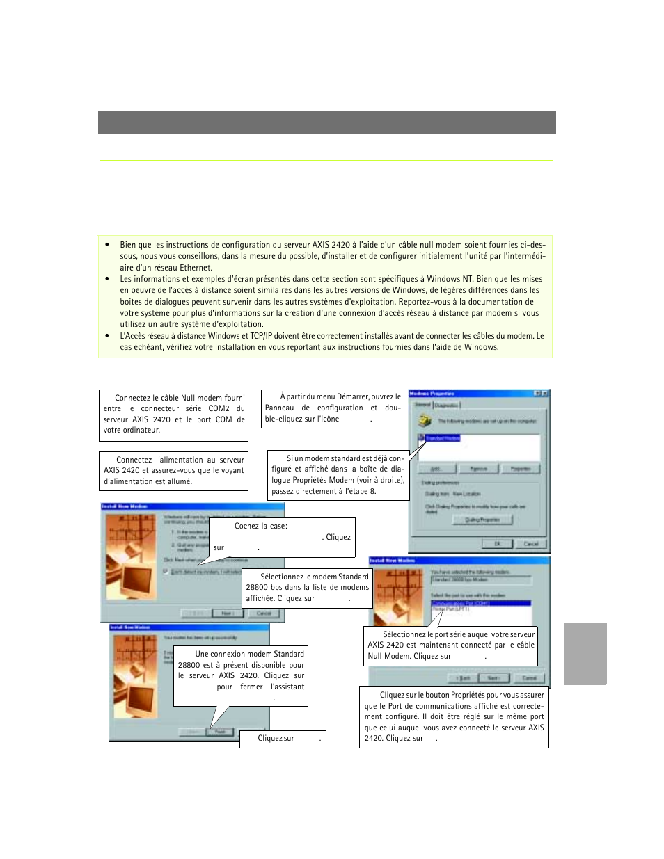 Installation par l’intermédiaire d’un modem | Axis Communications AXIS 2420 User Manual | Page 87 / 103