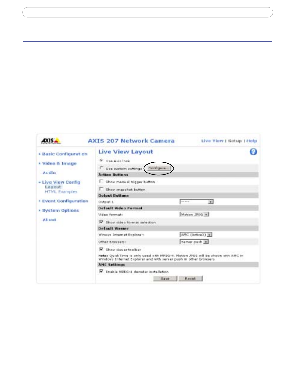 Live view config, Layout | Axis Communications 207/207W User Manual | Page 20 / 54