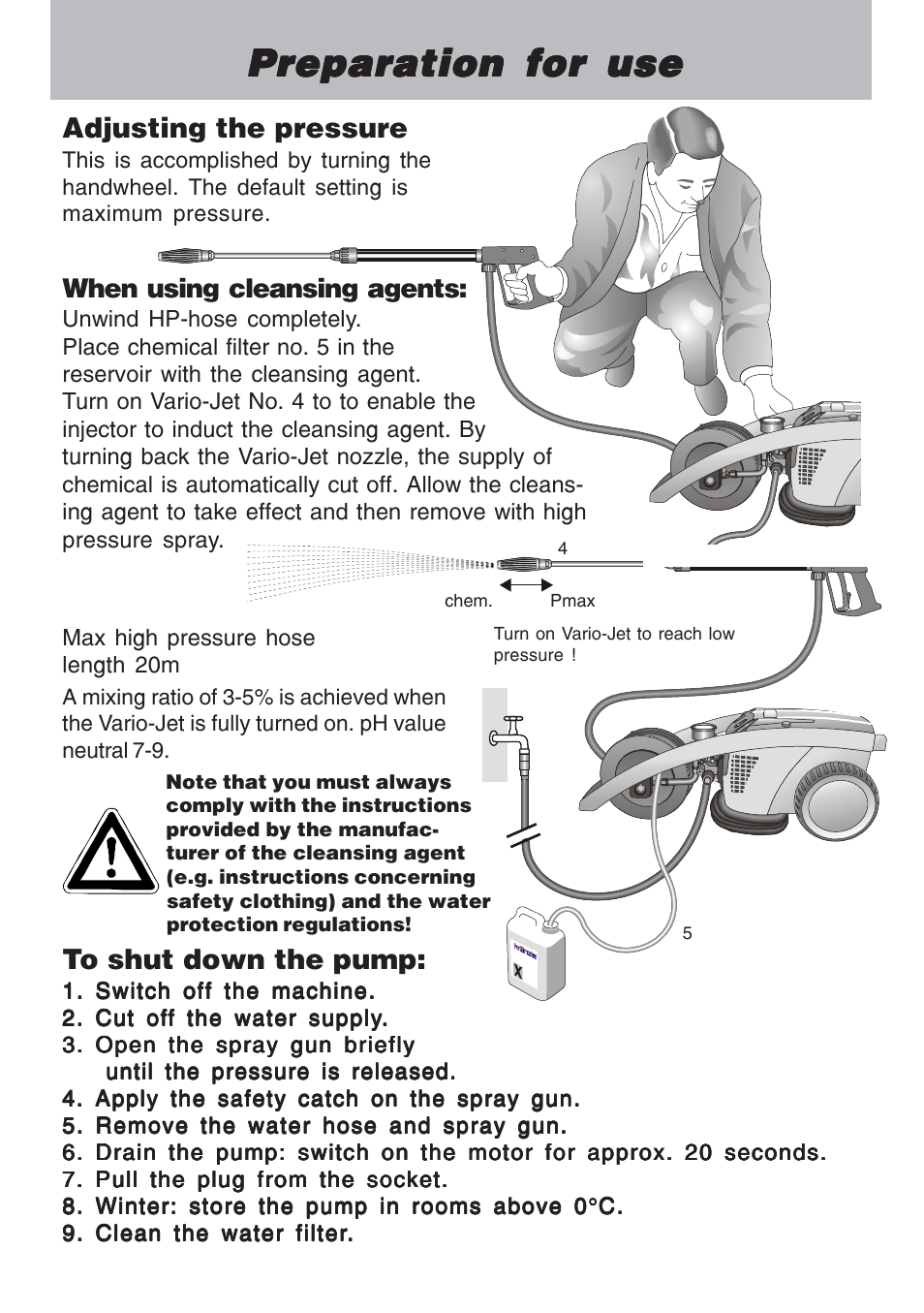 Preparation for use, Adjusting the pressure, When using cleansing agents | NaceCare Solutions K1120T User Manual | Page 14 / 39