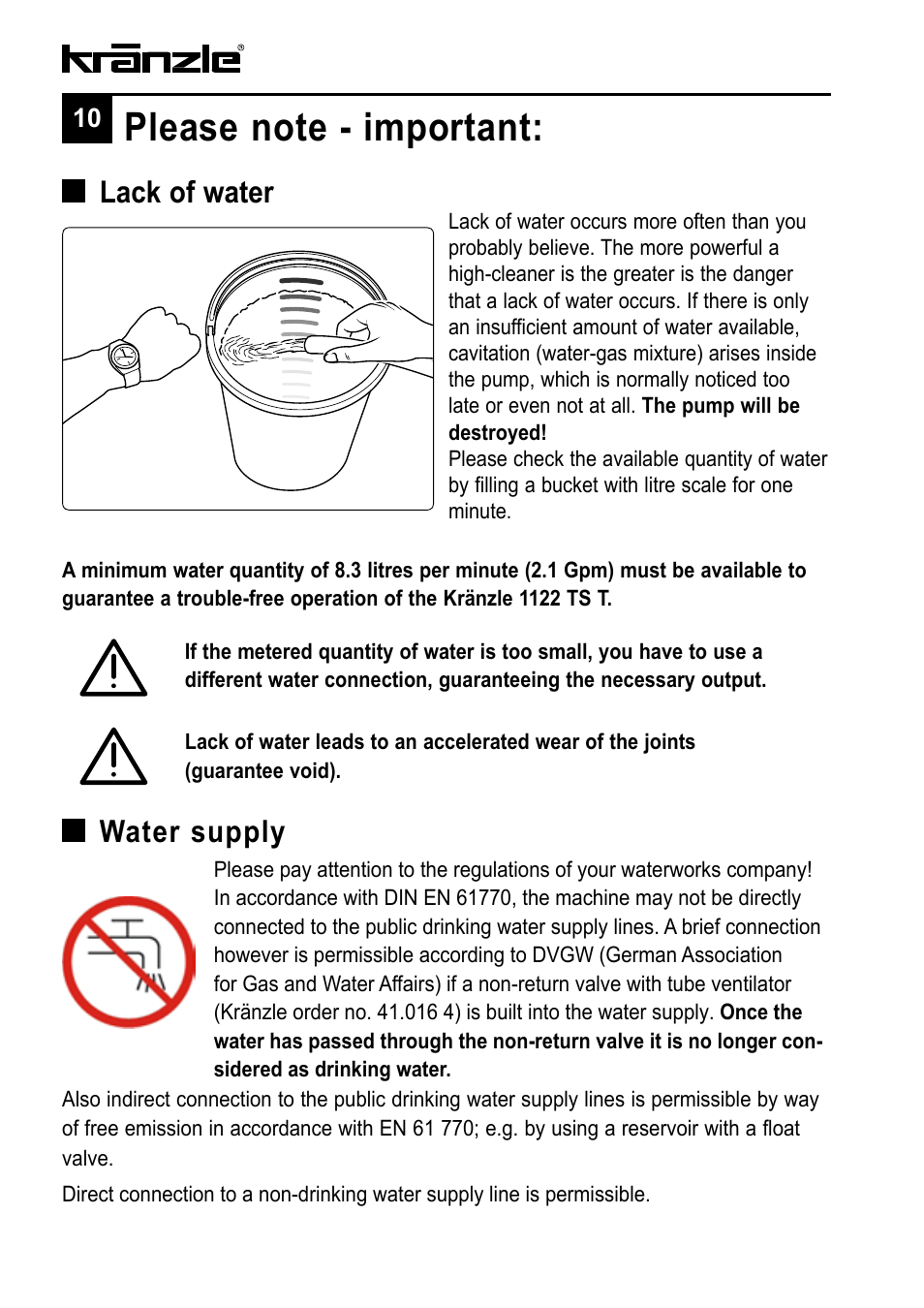 Lack of water, Water supply | NaceCare Solutions K1122TST User Manual | Page 10 / 48