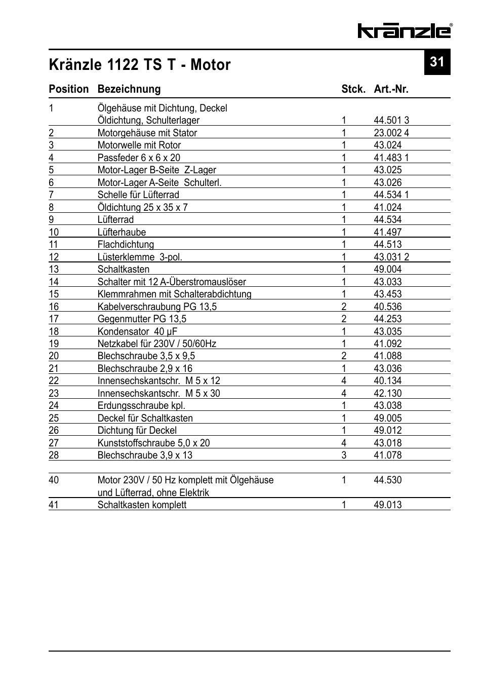 Kränzle 1122 ts t - motor | NaceCare Solutions K1122TST User Manual | Page 31 / 48