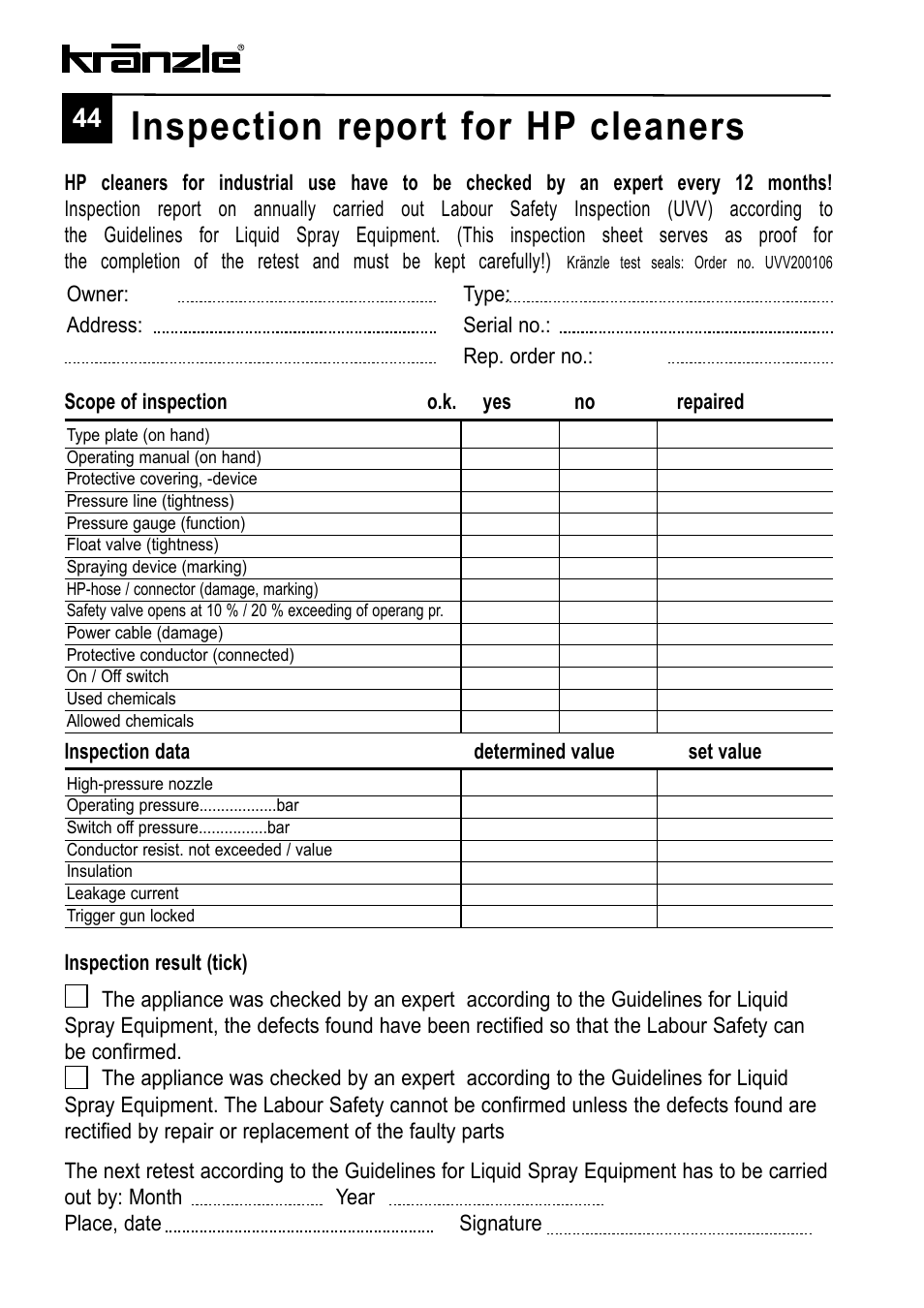 Inspection report for hp cleaners | NaceCare Solutions K1122TST User Manual | Page 44 / 48