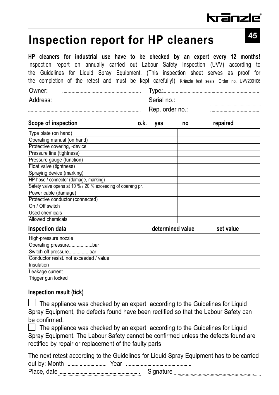 Inspection report for hp cleaners | NaceCare Solutions K1122TST User Manual | Page 45 / 48