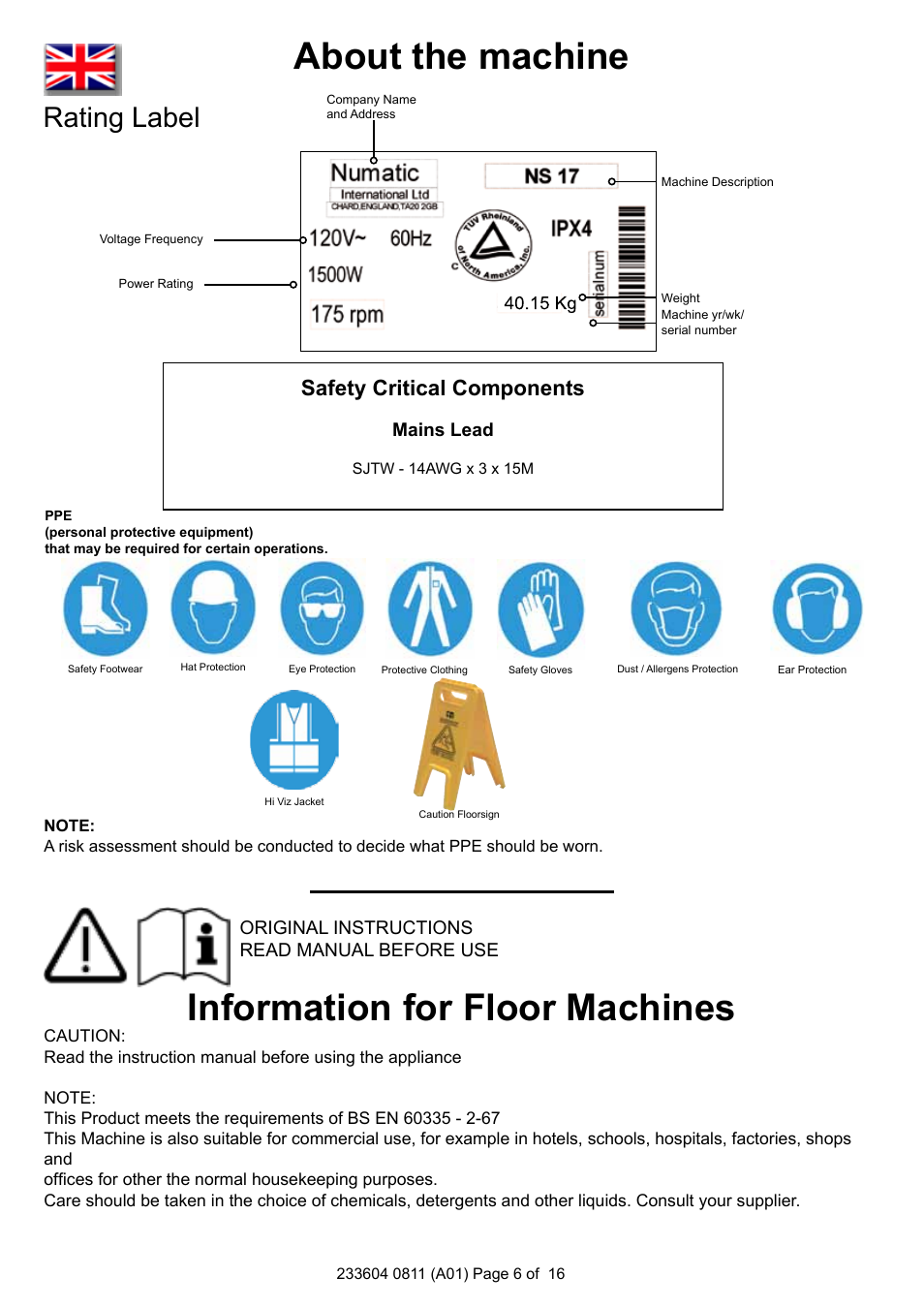 Information for floor machines, About the machine, Rating label | Safety critical components | NaceCare Solutions NS20 User Manual | Page 6 / 16