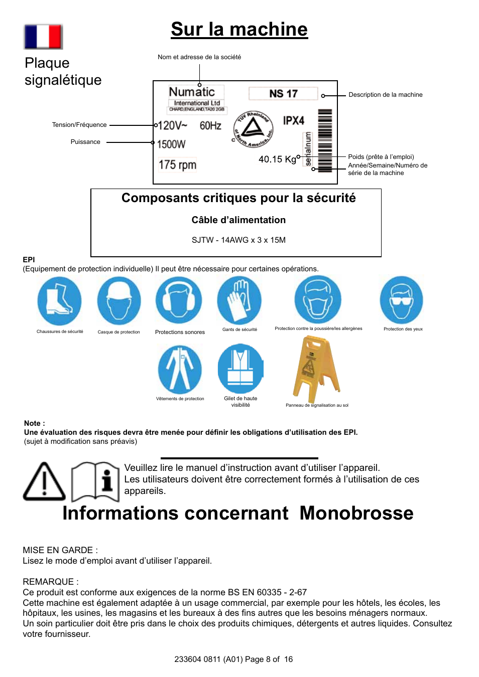 Sur la machine, Informations concernant monobrosse, Plaque signalétique | Composants critiques pour la sécurité | NaceCare Solutions NS20 User Manual | Page 8 / 16