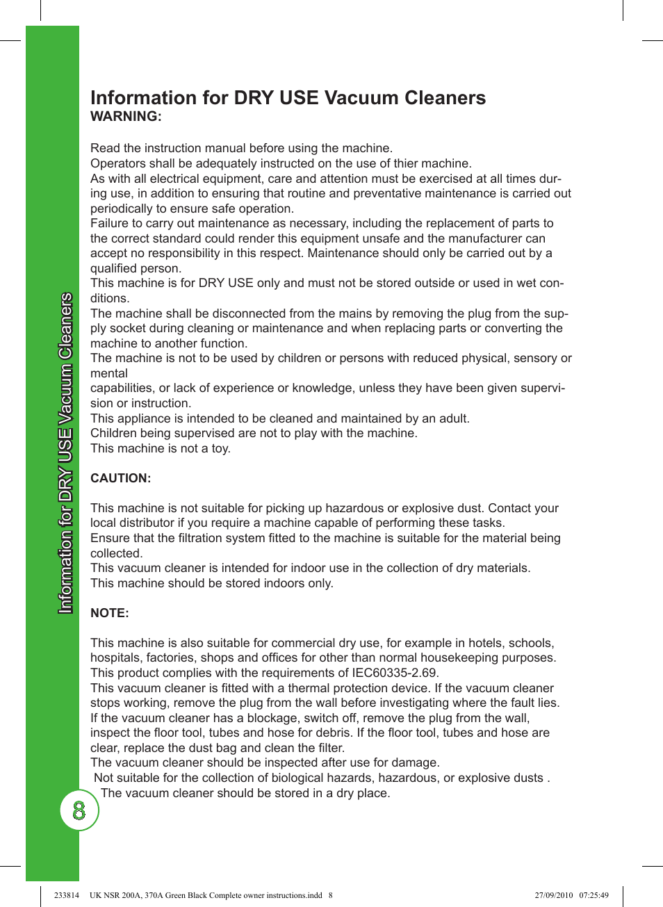 Information for dry use vacuum cleaners, Information for dr y use v acuum cleaners | NaceCare Solutions NSR200 User Manual | Page 8 / 9