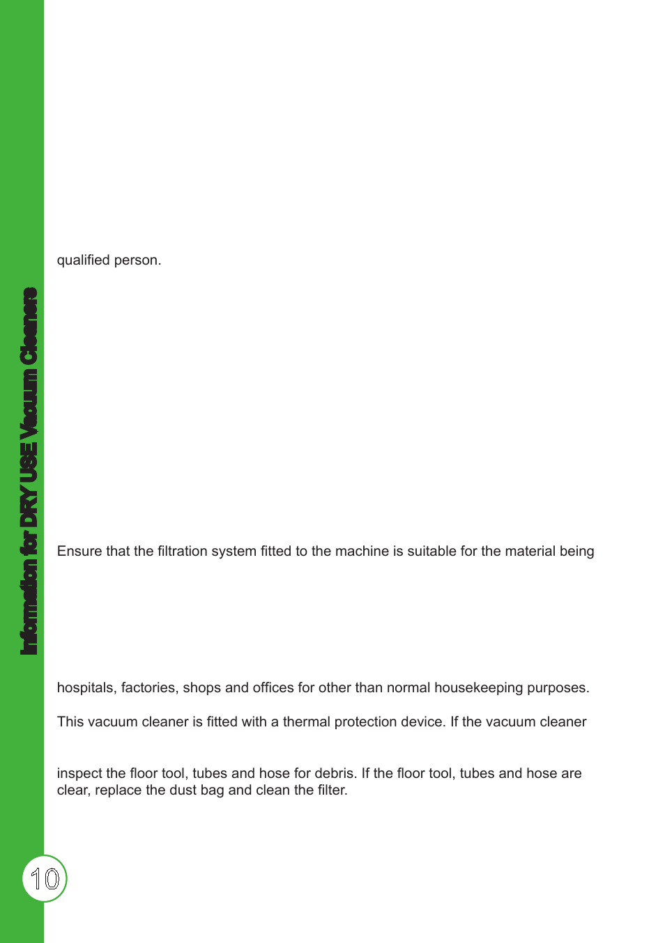 Information for dry use vacuum cleaners, Information for dr y use v acuum cleaners | NaceCare Solutions PVR390 User Manual | Page 10 / 16