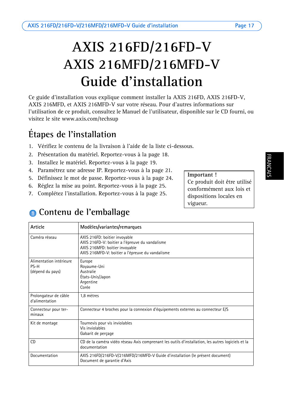 Étapes de l'installation, Contenu de l'emballage, Guide d'installation | Axis Communications 216FD-V User Manual | Page 17 / 74