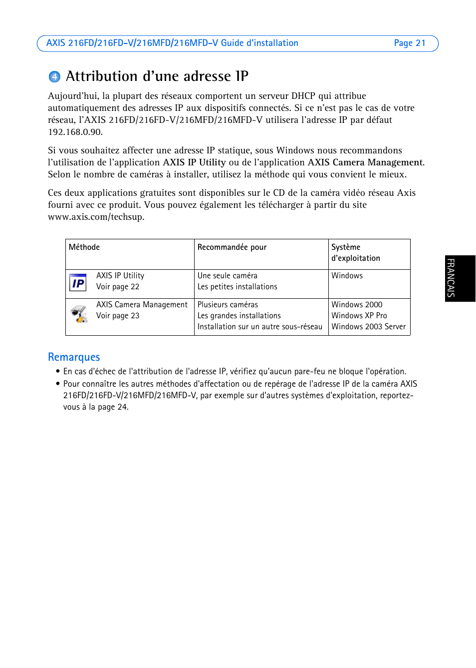 Attribution d'une adresse ip, Remarques | Axis Communications 216FD-V User Manual | Page 21 / 74