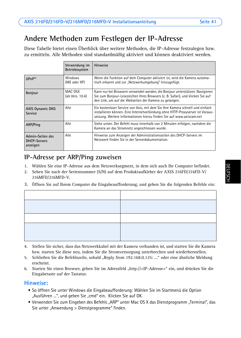 Andere methoden zum festlegen der ip-adresse, Ip-adresse per arp/ping zuweisen, Hinweise | Axis Communications 216FD-V User Manual | Page 41 / 74