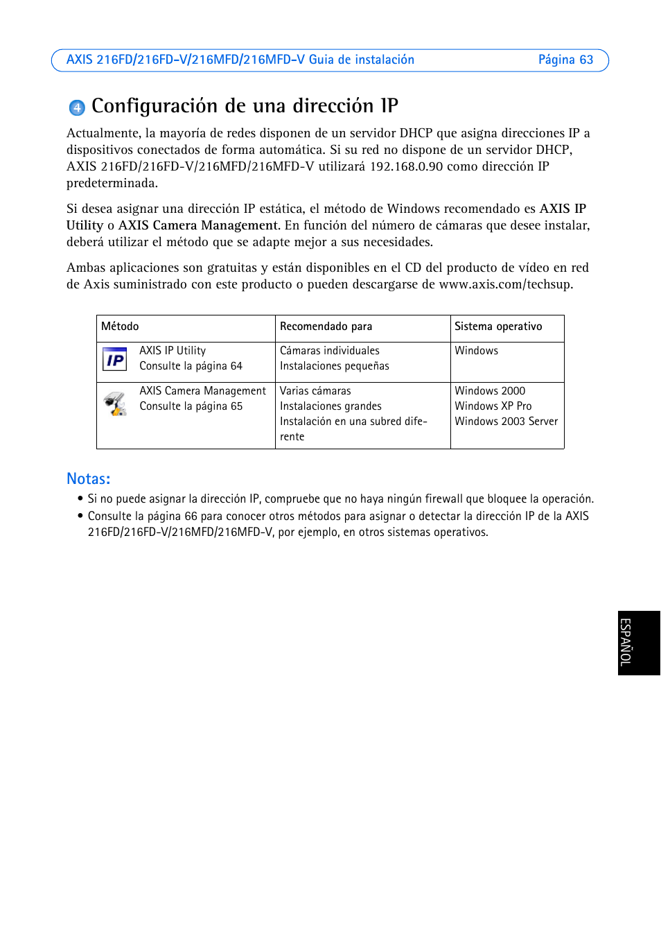 Configuración de una dirección ip, Notas | Axis Communications 216FD-V User Manual | Page 63 / 74