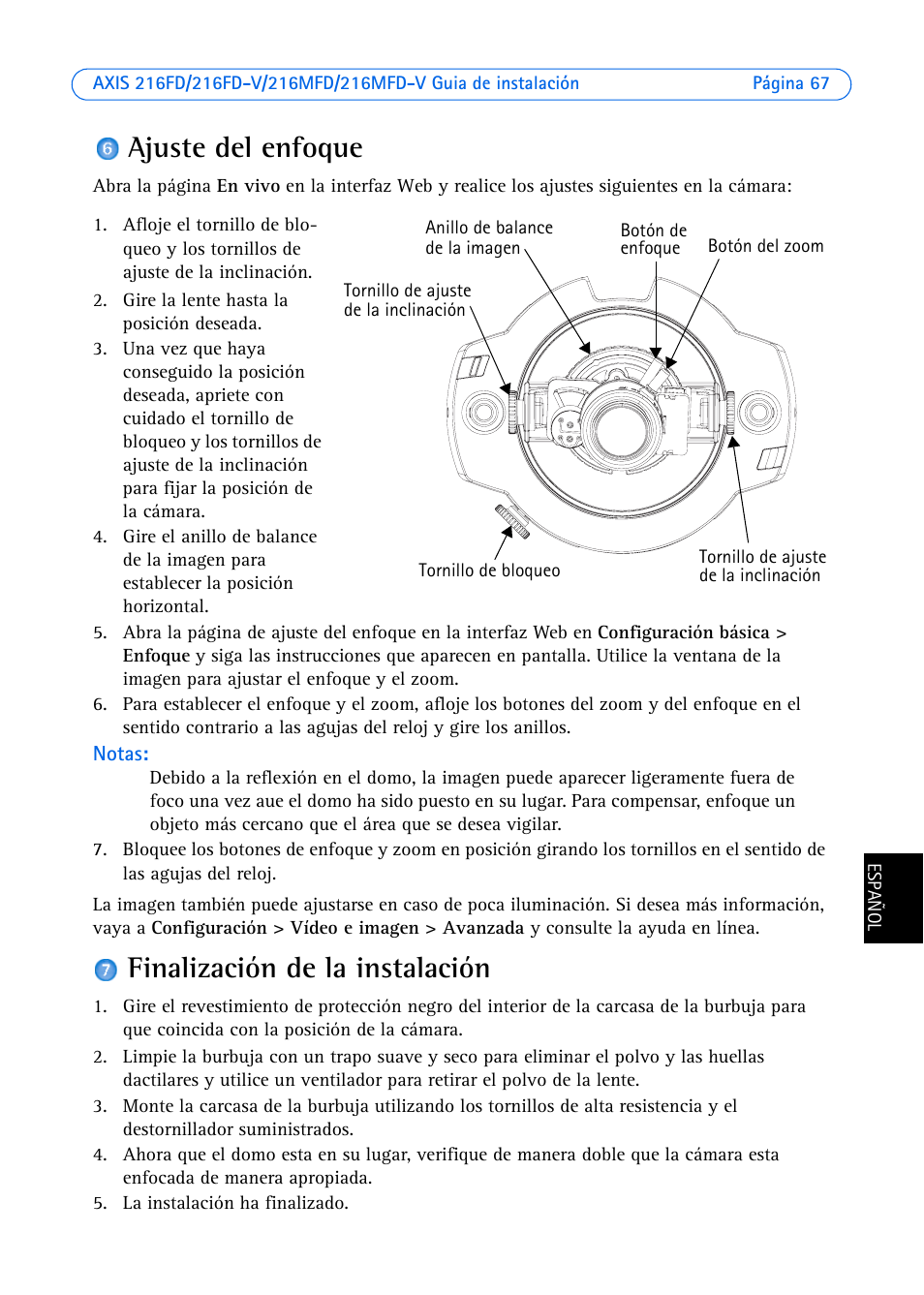 Ajuste del enfoque, Finalización de la instalación | Axis Communications 216FD-V User Manual | Page 67 / 74