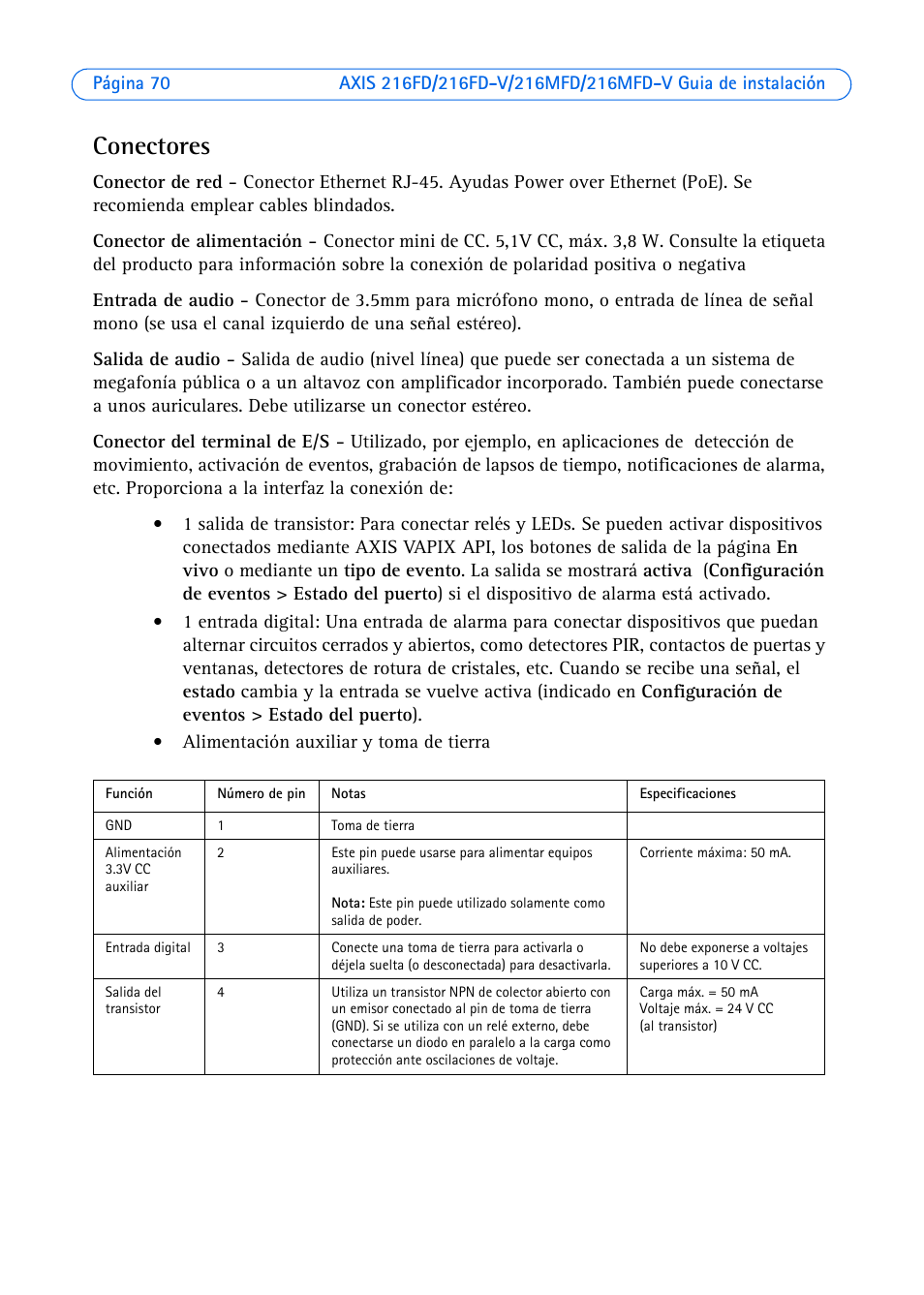 Conectores | Axis Communications 216FD-V User Manual | Page 70 / 74