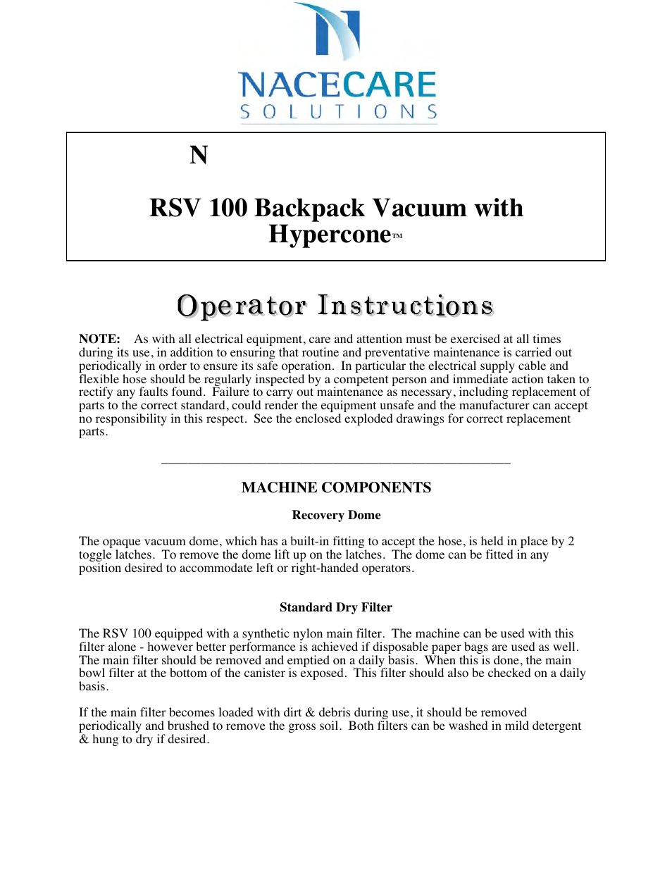 NaceCare Solutions RSV100 User Manual | 3 pages