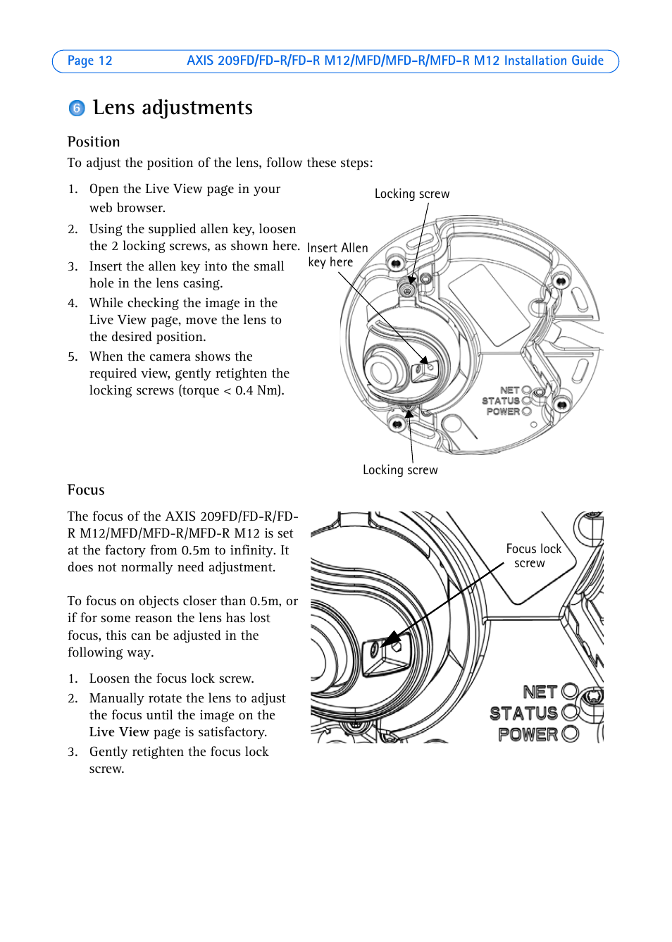 Lens adjustments | Axis Communications 209MFD User Manual | Page 12 / 73