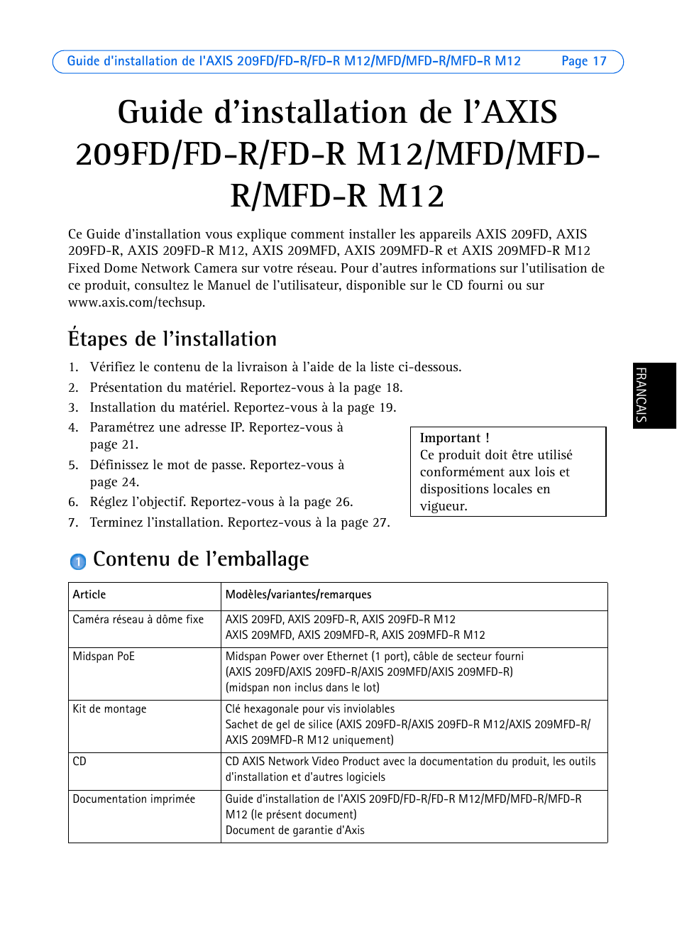 Étapes de l'installation, Contenu de l'emballage | Axis Communications 209MFD User Manual | Page 17 / 73