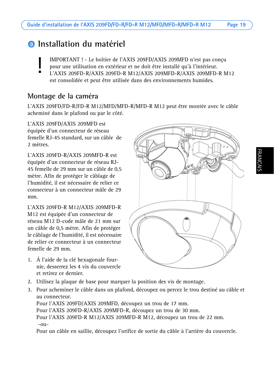 Installation du matériel, Montage de la caméra | Axis Communications 209MFD User Manual | Page 19 / 73