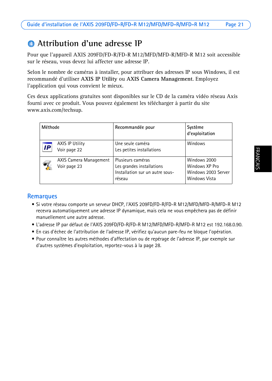 Attribution d'une adresse ip, Remarques | Axis Communications 209MFD User Manual | Page 21 / 73