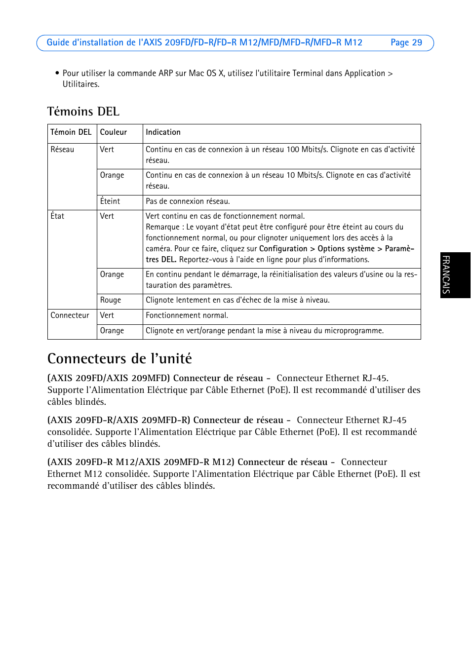 Témoins del, Connecteurs de l'unité | Axis Communications 209MFD User Manual | Page 29 / 73